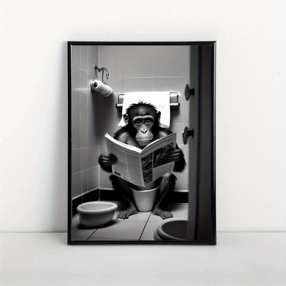 Frameless Canvas Wall Art Featuring Humorous Gorilla in Bathroom Cartoon Style for Home Decor