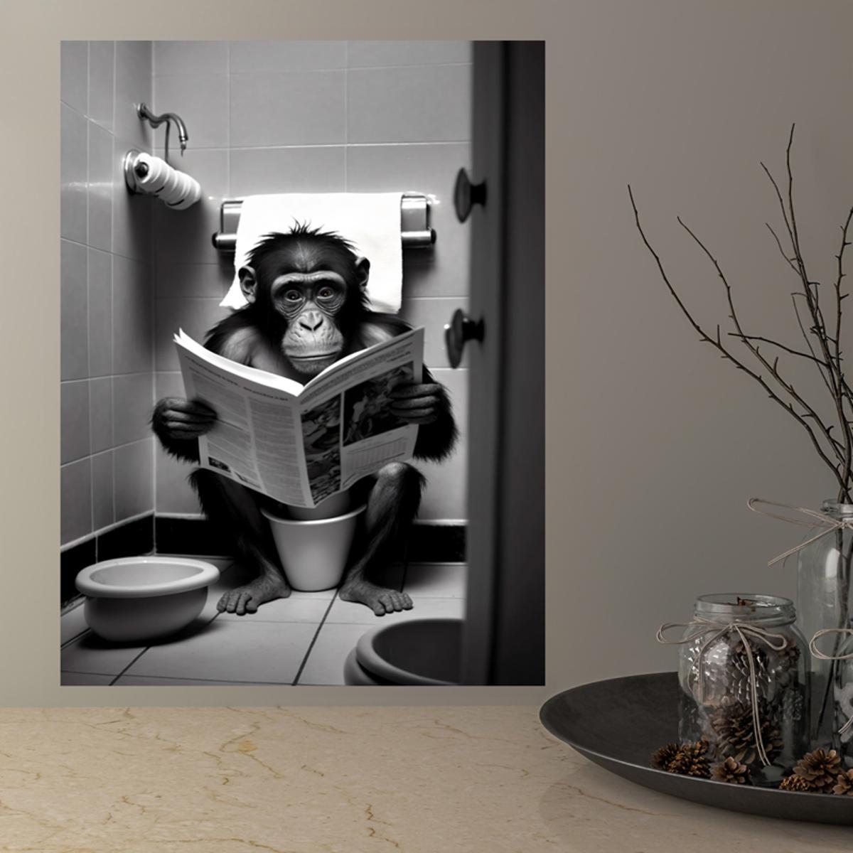 Frameless Canvas Wall Art Featuring Humorous Gorilla in Bathroom Cartoon Style for Home Decor