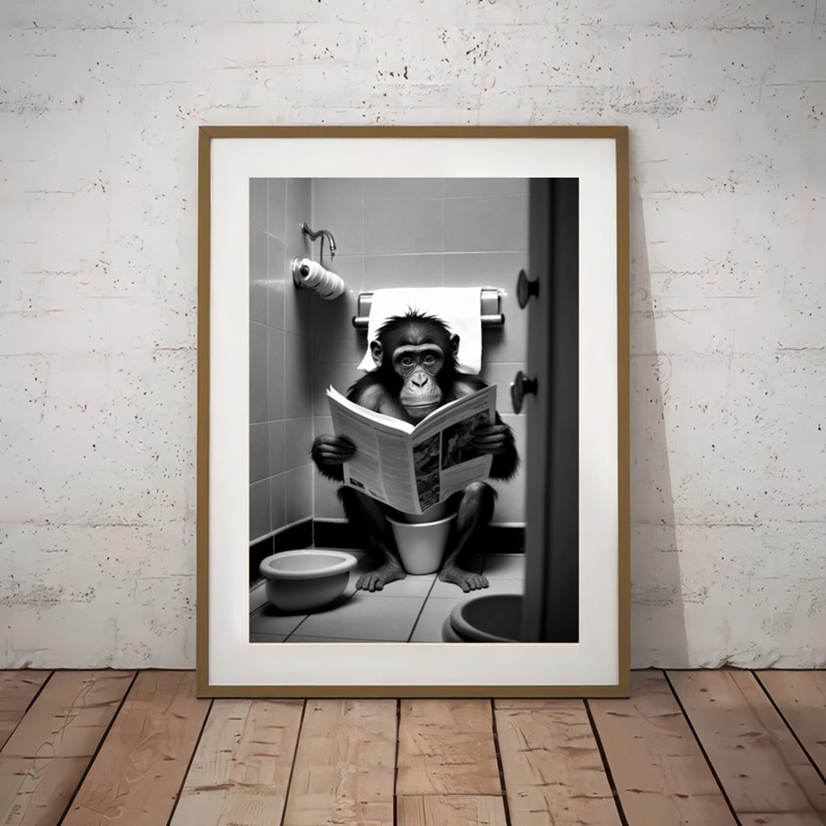 Frameless Canvas Wall Art Featuring Humorous Gorilla in Bathroom Cartoon Style for Home Decor