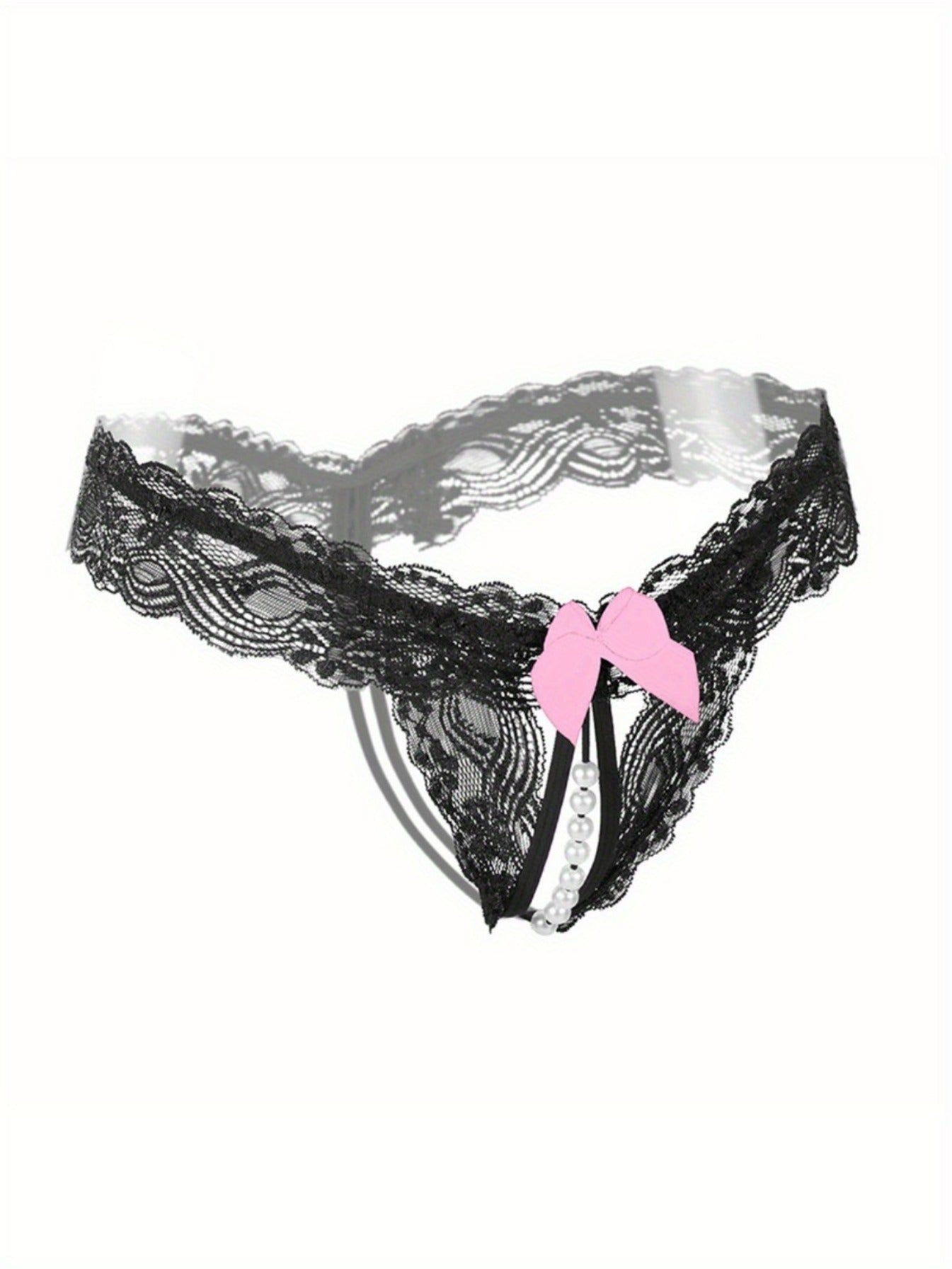 Women's Floral Lace Thong Lingerie with Open Crotch Faux Pearl Panties