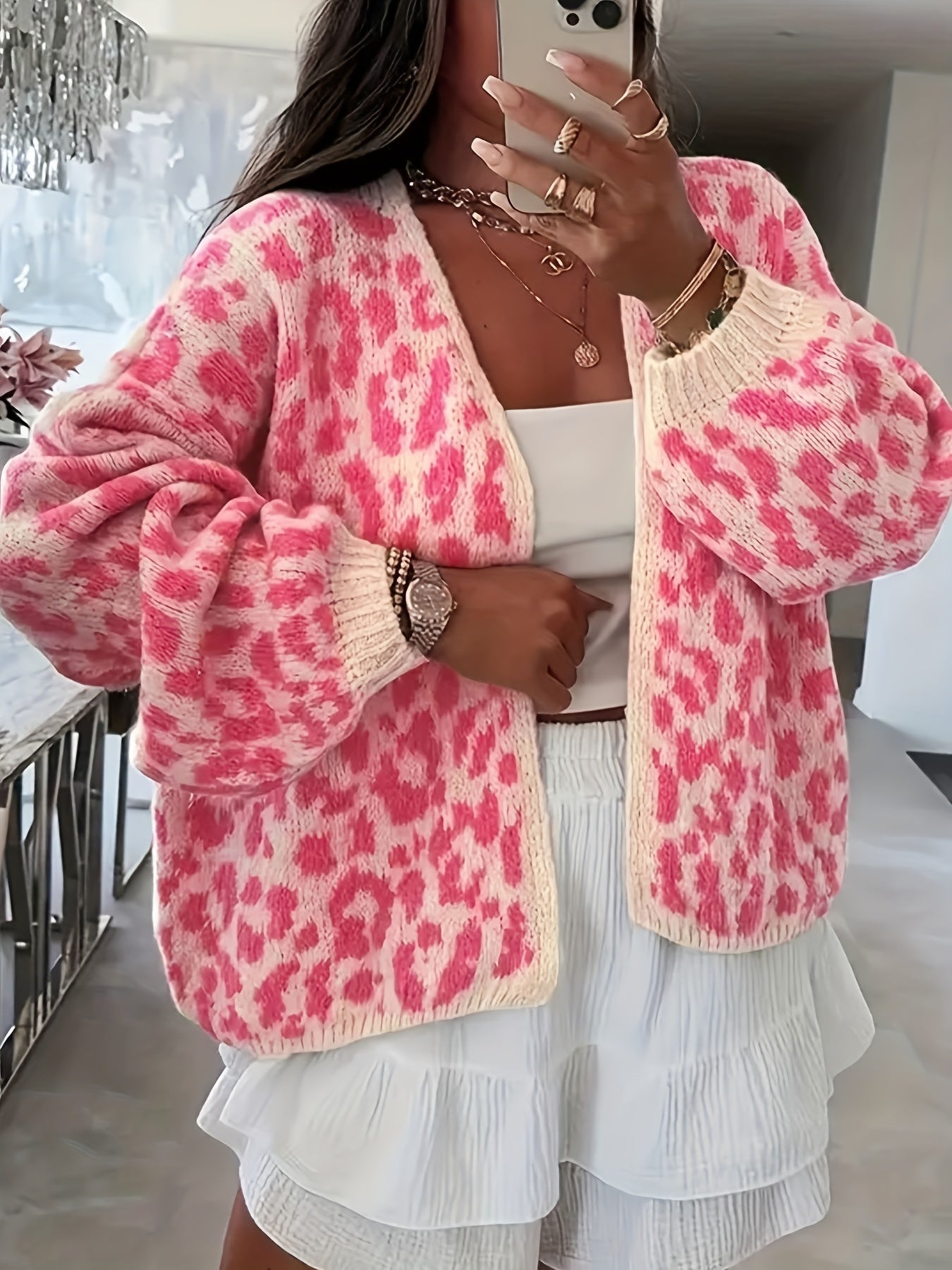 Women's Leopard Print V-Neck Cardigan Long Sleeve Open Front Sweater