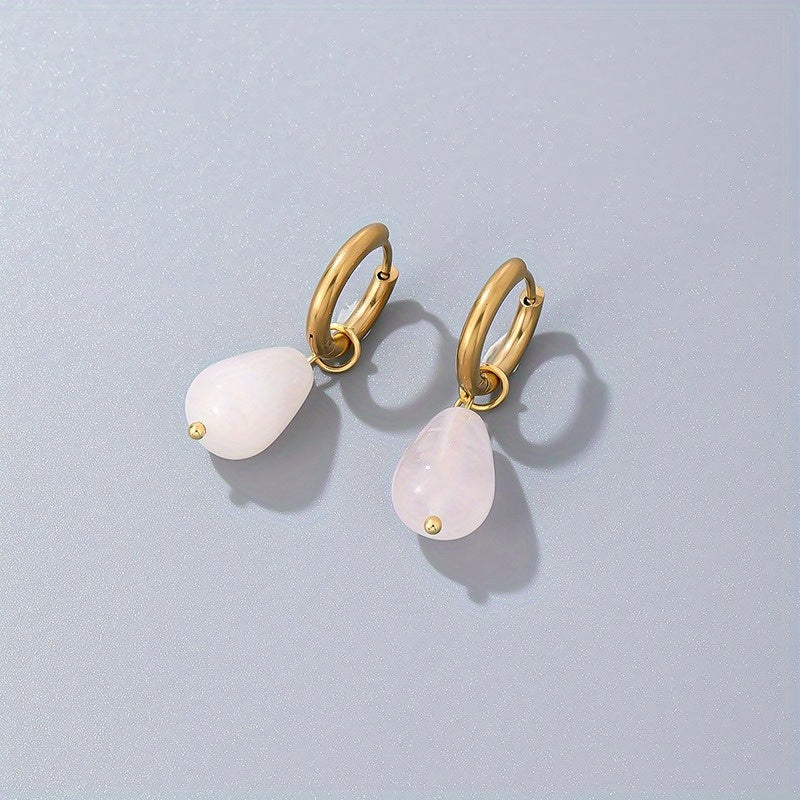 Gold-Plated Water Drop Earrings with Natural Stone, Vintage Stainless Steel Hoop Jewelry, 1 Pair