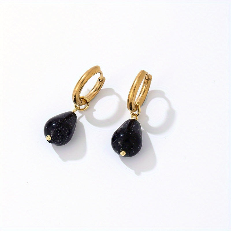 Gold-Plated Water Drop Earrings with Natural Stone, Vintage Stainless Steel Hoop Jewelry, 1 Pair