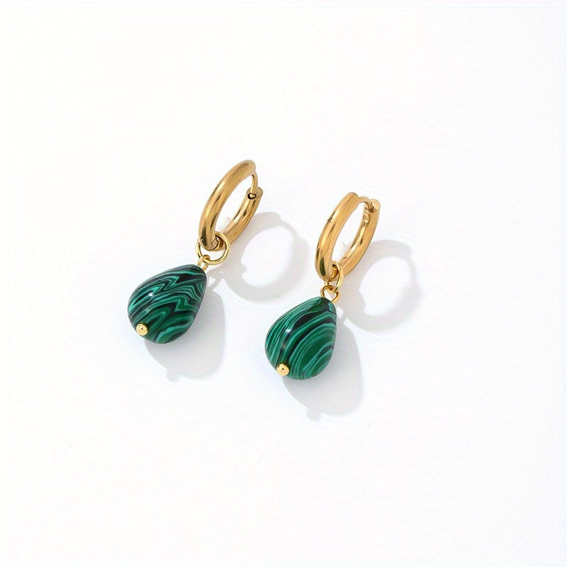 Tabiiy tosh bilan bezatilgan zamonaviy oltin qoplamali suv tomchisi bilaguzuklari - U uchun ideal sovg'a, vintage zanglamas po'latdan yasalgan halqa zargarlik, 1 juft