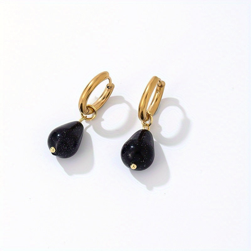 Gold-Plated Water Drop Earrings with Natural Stone, Vintage Stainless Steel Hoop Jewelry, 1 Pair