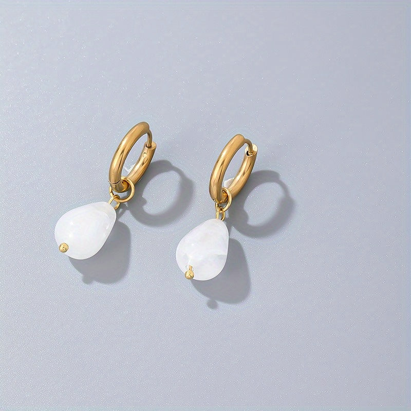 Gold-Plated Water Drop Earrings with Natural Stone, Vintage Stainless Steel Hoop Jewelry, 1 Pair