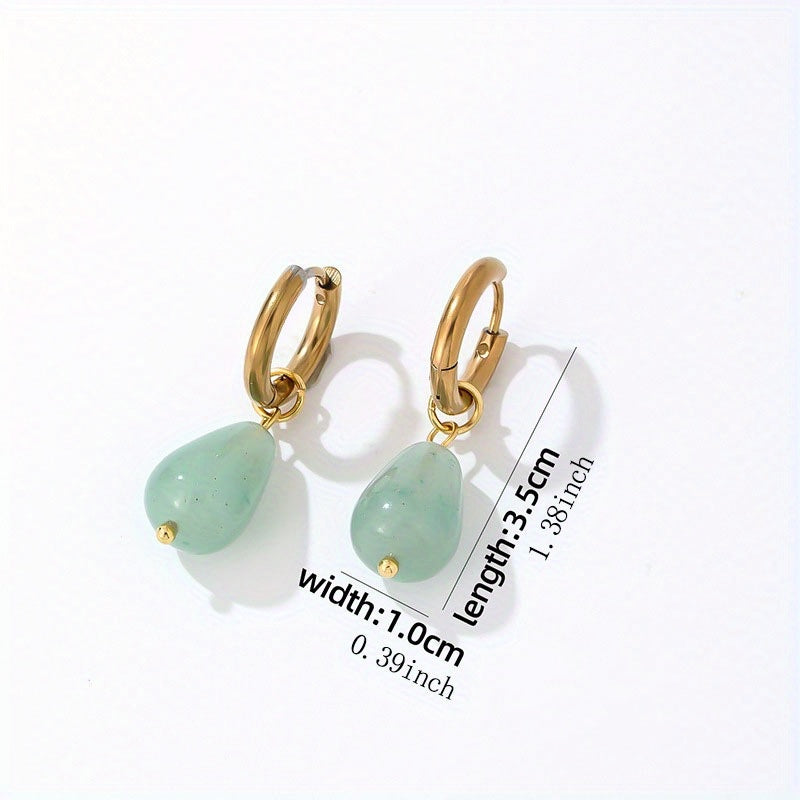 Gold-Plated Water Drop Earrings with Natural Stone, Vintage Stainless Steel Hoop Jewelry, 1 Pair