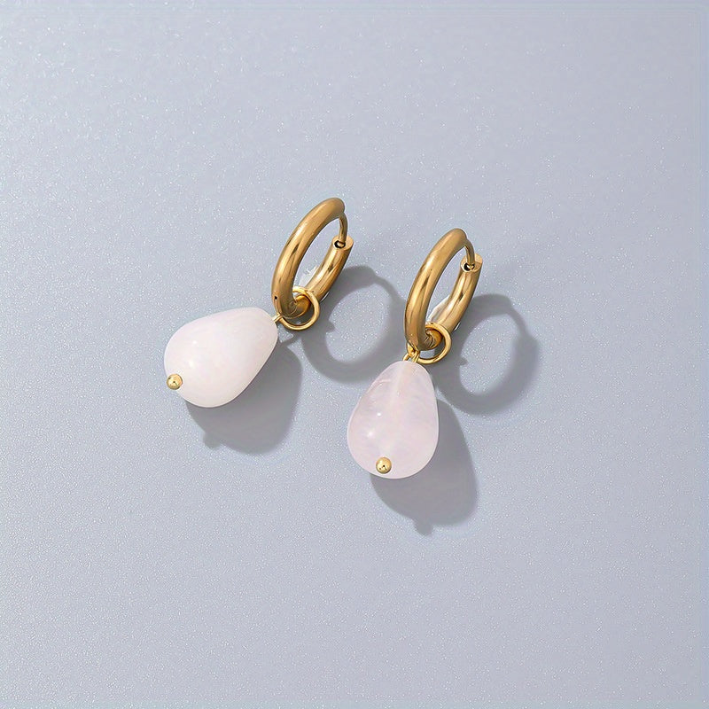 Gold-Plated Water Drop Earrings with Natural Stone, Vintage Stainless Steel Hoop Jewelry, 1 Pair