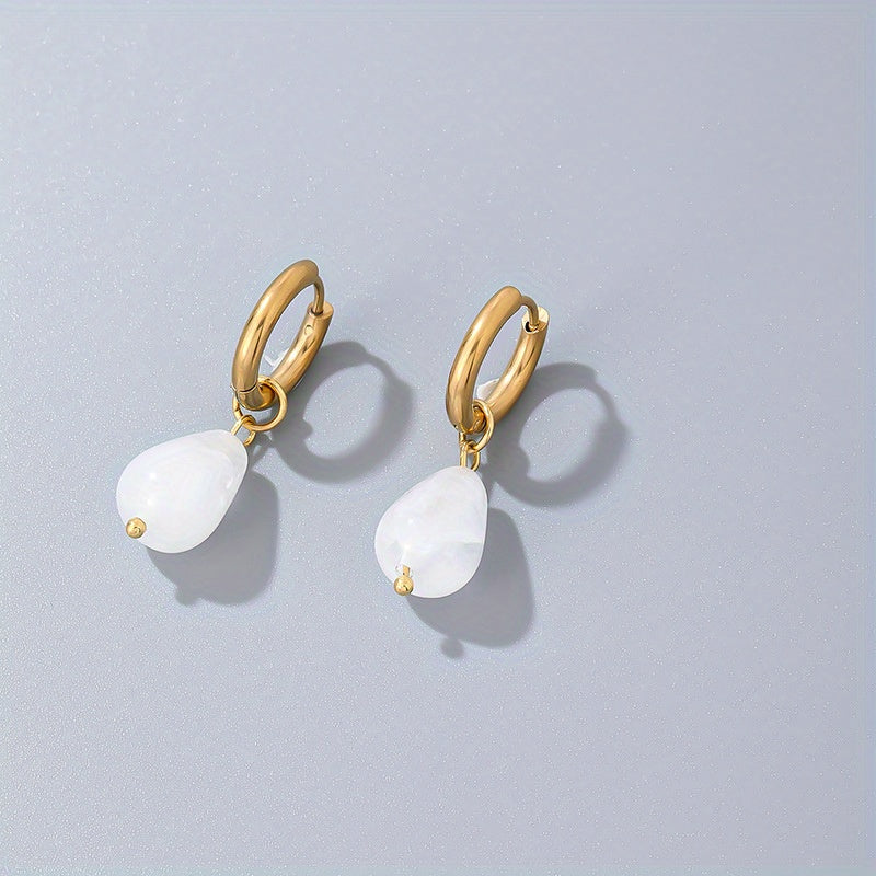 Gold-Plated Water Drop Earrings with Natural Stone, Vintage Stainless Steel Hoop Jewelry, 1 Pair