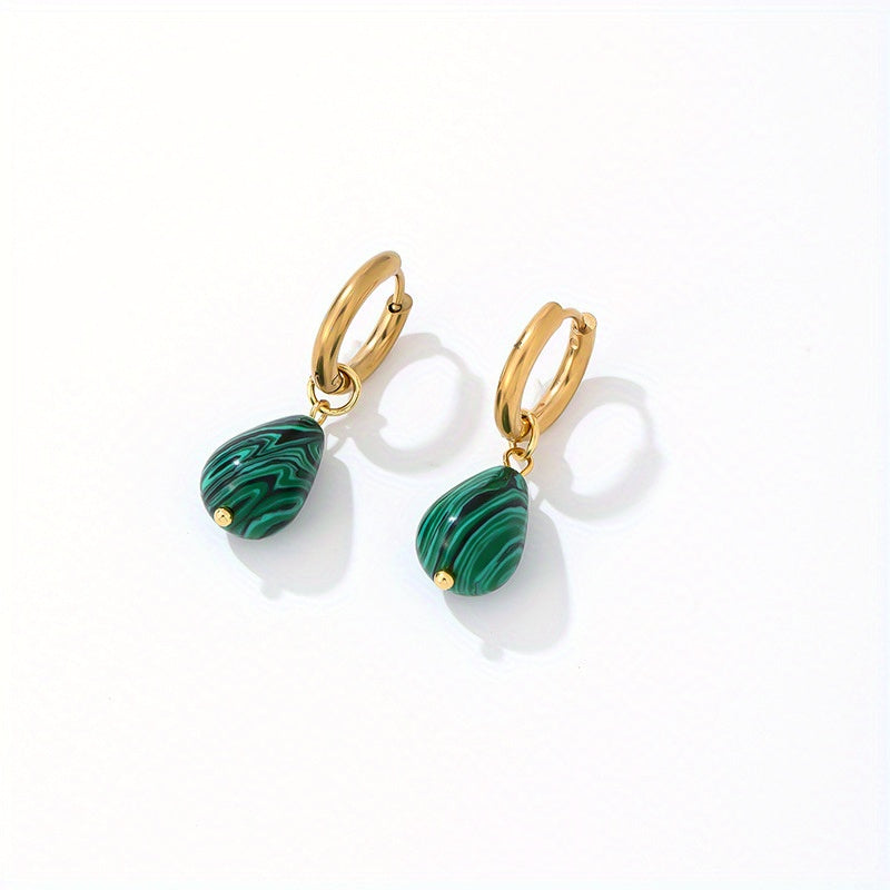 Gold-Plated Water Drop Earrings with Natural Stone, Vintage Stainless Steel Hoop Jewelry, 1 Pair
