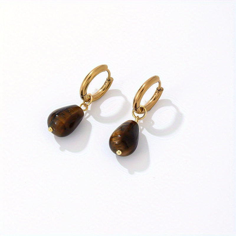 Gold-Plated Water Drop Earrings with Natural Stone, Vintage Stainless Steel Hoop Jewelry, 1 Pair