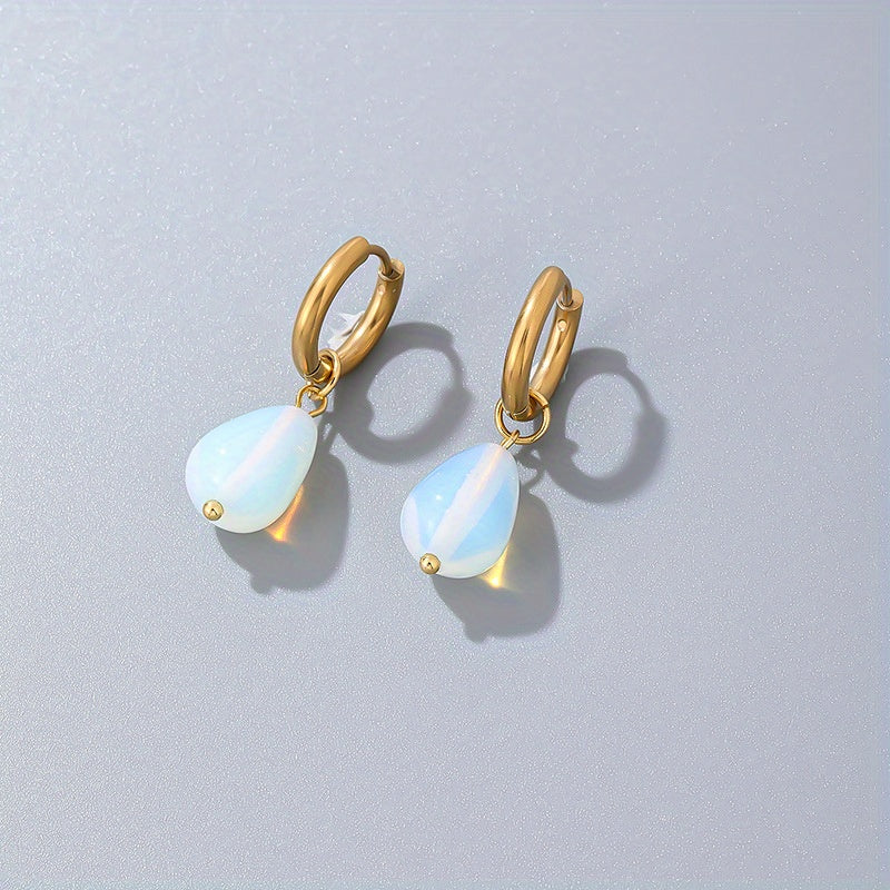 Gold-Plated Water Drop Earrings with Natural Stone, Vintage Stainless Steel Hoop Jewelry, 1 Pair