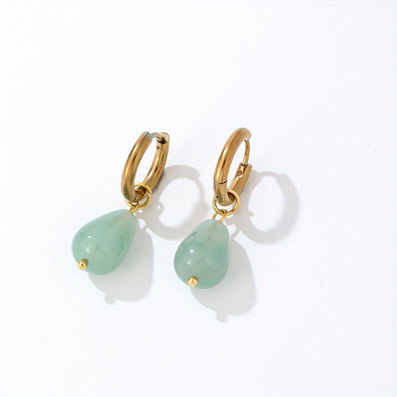 Gold-Plated Water Drop Earrings with Natural Stone, Vintage Stainless Steel Hoop Jewelry, 1 Pair