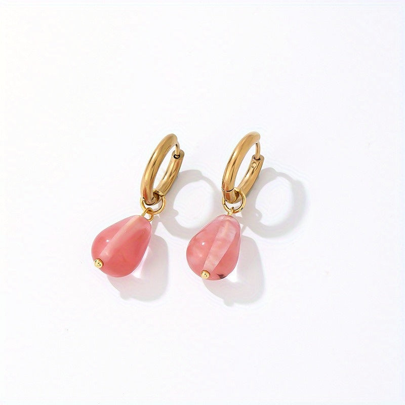 Gold-Plated Water Drop Earrings with Natural Stone, Vintage Stainless Steel Hoop Jewelry, 1 Pair