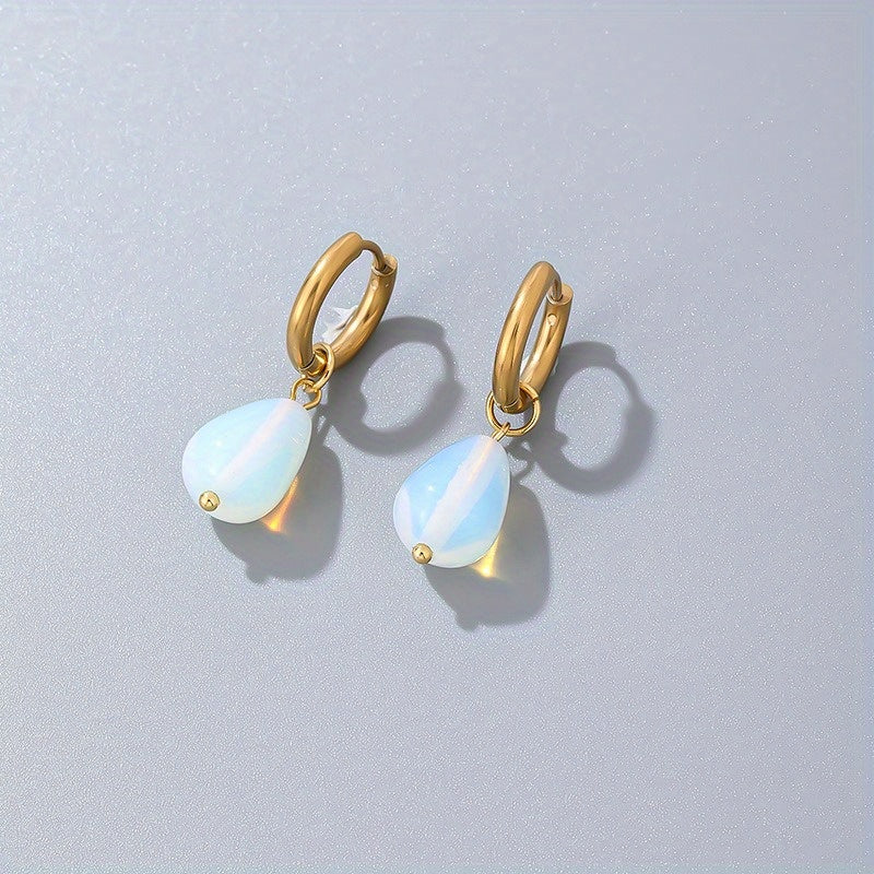 Gold-Plated Water Drop Earrings with Natural Stone, Vintage Stainless Steel Hoop Jewelry, 1 Pair