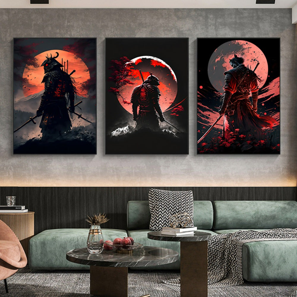 Japanese Samurai Canvas Wall Art Set with Cherry Blossom Sunset Prints for Living Room or Bedroom Unframed