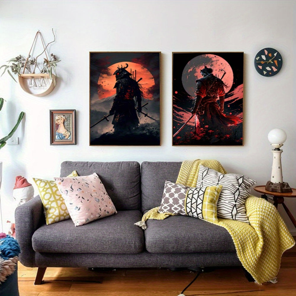 Yapon samuraylarining kanvas rasmlari, qahramon plakatlari va bosma asarlari. Uy bezatish uchun sakura gullari bilan quyosh botishi devor san'ati, yashash xonasi yoki yotoqxona uchun. Turli o'lchamlarda, ramkasiz mavjud.