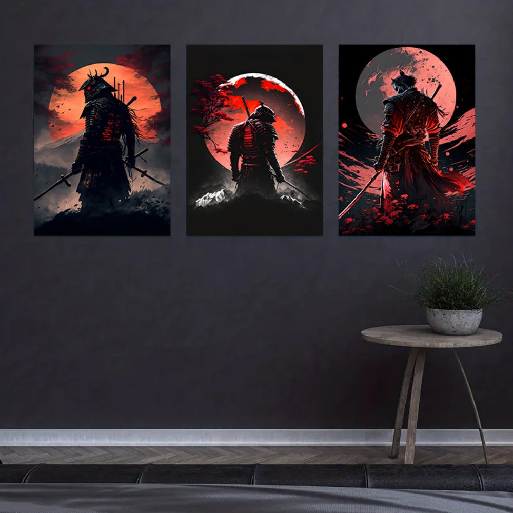 Japanese Samurai Canvas Wall Art Set with Cherry Blossom Sunset Prints for Living Room or Bedroom Unframed