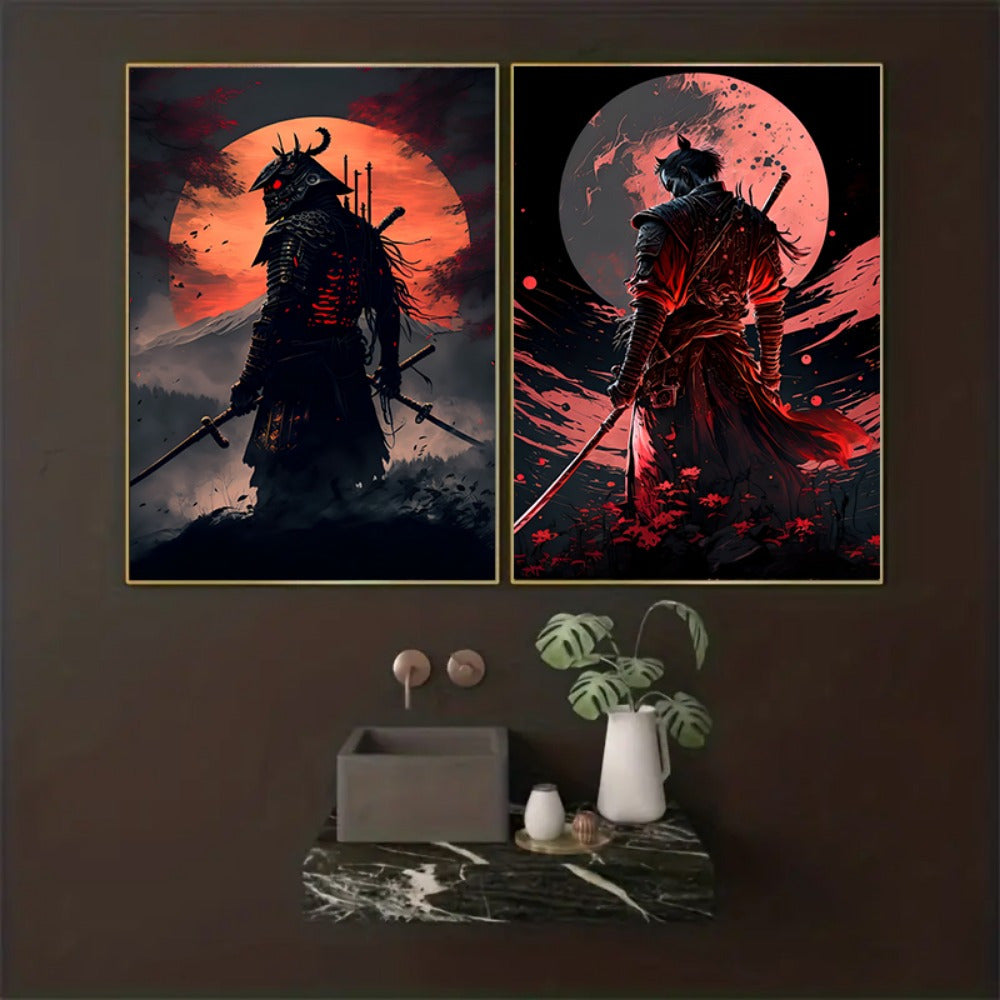 Japanese Samurai Canvas Wall Art Set with Cherry Blossom Sunset Prints for Living Room or Bedroom Unframed