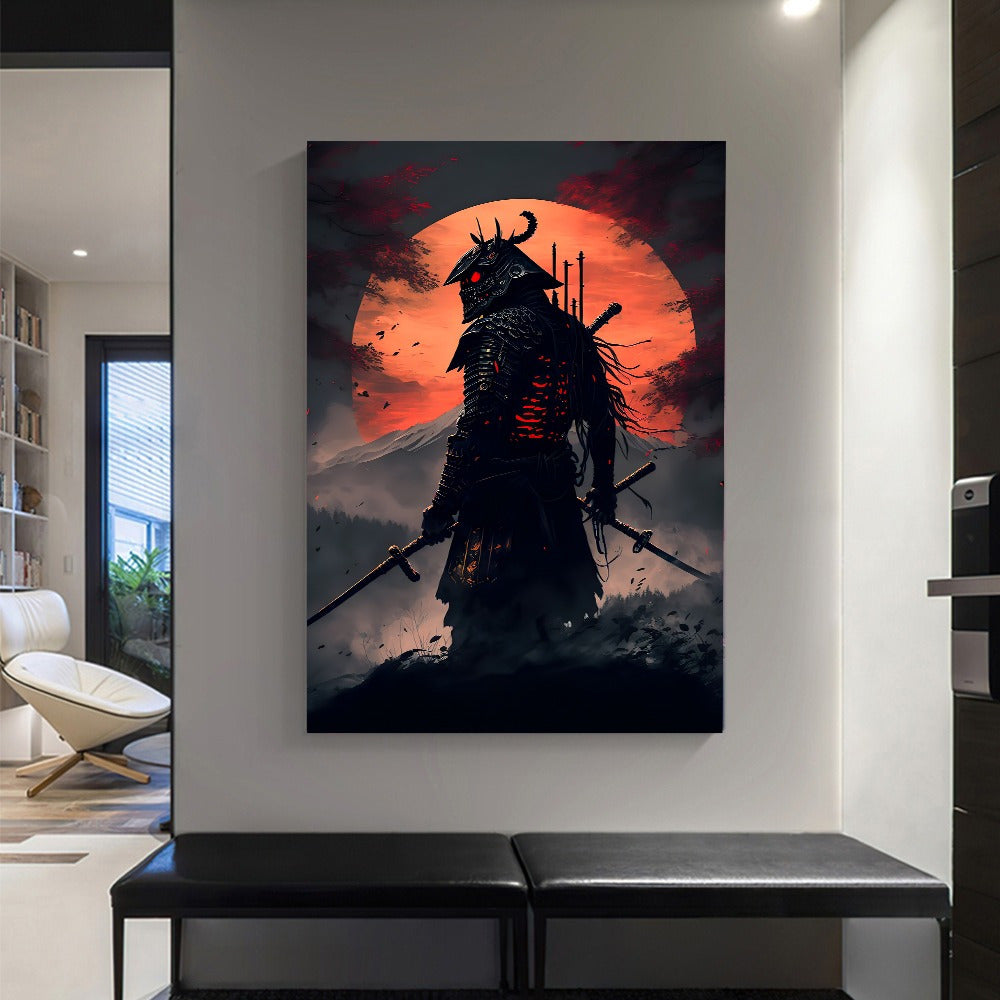 Japanese Samurai Canvas Wall Art Set with Cherry Blossom Sunset Prints for Living Room or Bedroom Unframed