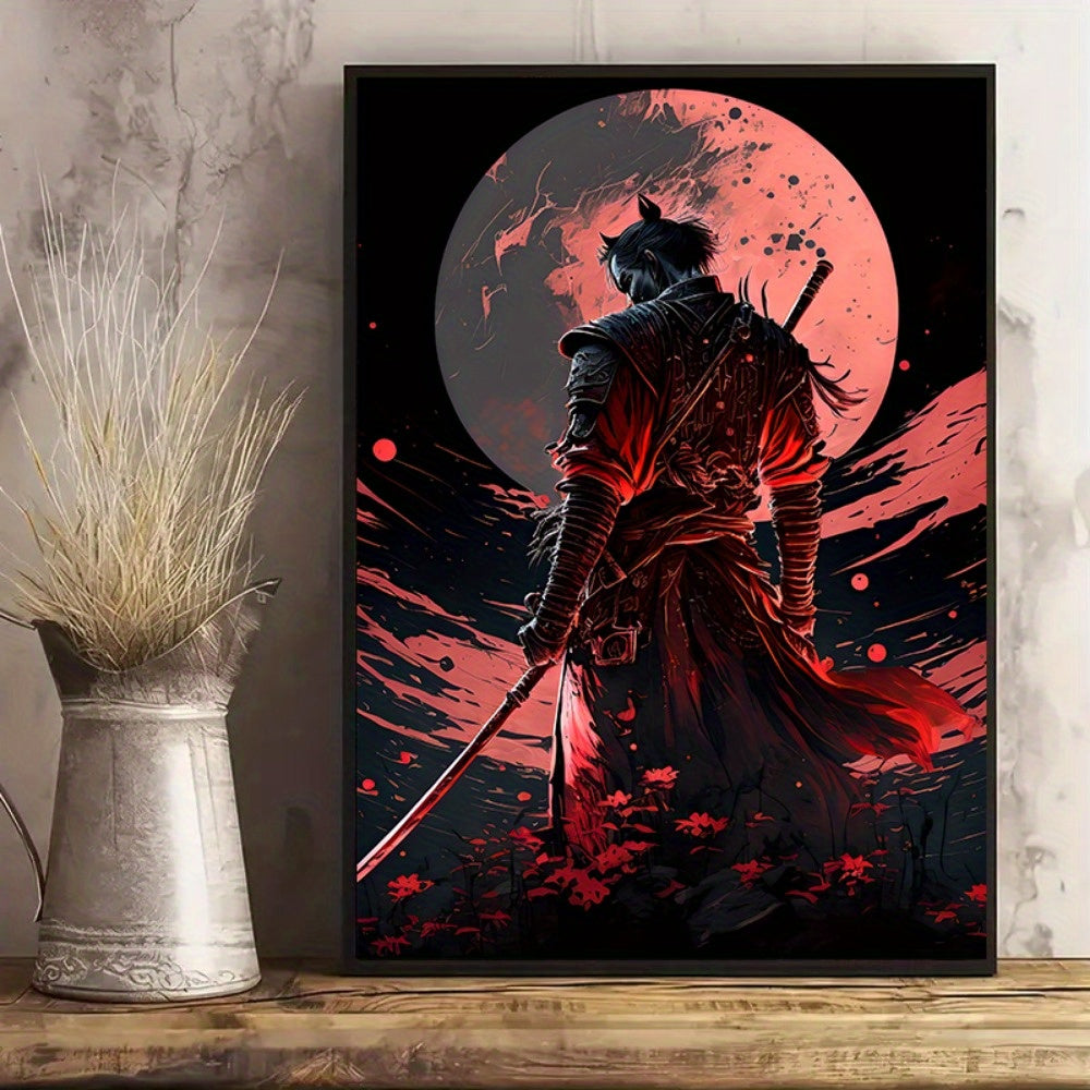 Japanese Samurai Canvas Wall Art Set with Cherry Blossom Sunset Prints for Living Room or Bedroom Unframed