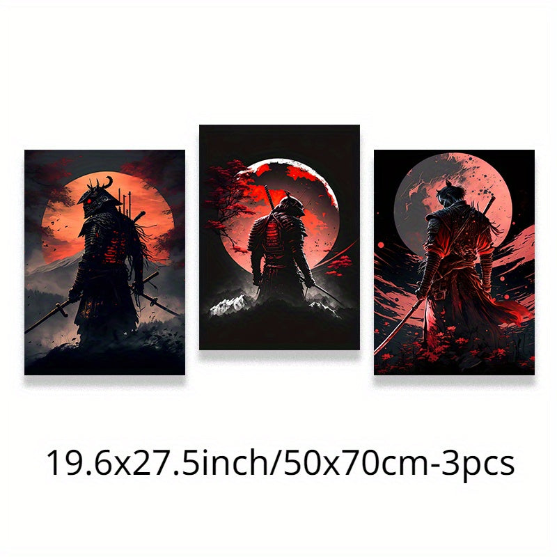 Japanese Samurai Canvas Wall Art Set with Cherry Blossom Sunset Prints for Living Room or Bedroom Unframed