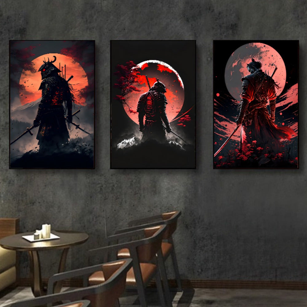 Japanese Samurai Canvas Wall Art Set with Cherry Blossom Sunset Prints for Living Room or Bedroom Unframed