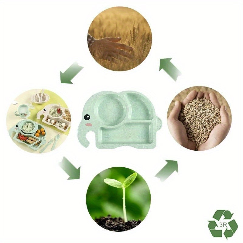 Juego de 4 platos de comida de plástico de grado alimentario con diseño dividido y elefante de dibujos animados