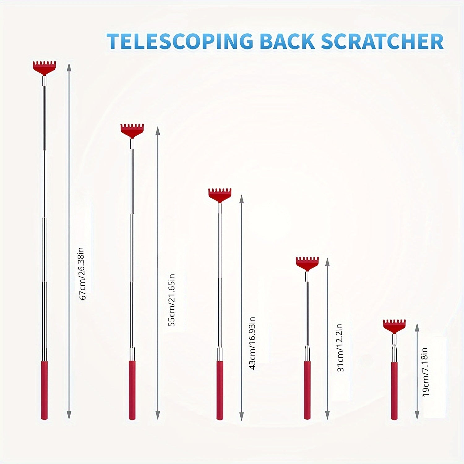 Yumshoq tutqichi bilan uzaytiriladigan zanglamaydigan po'latdan yasalgan orqa qichitqi, qulay qichishdan xalos bo'lish uchun, tug'ilgan kunlar va bayramlar uchun ideal.