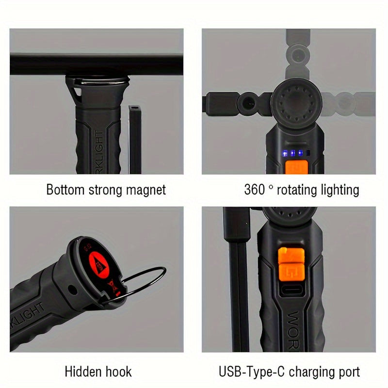 Linterna de trabajo para hombres recargable LED COB con base magnética, 4 modos, rotación de 360°
