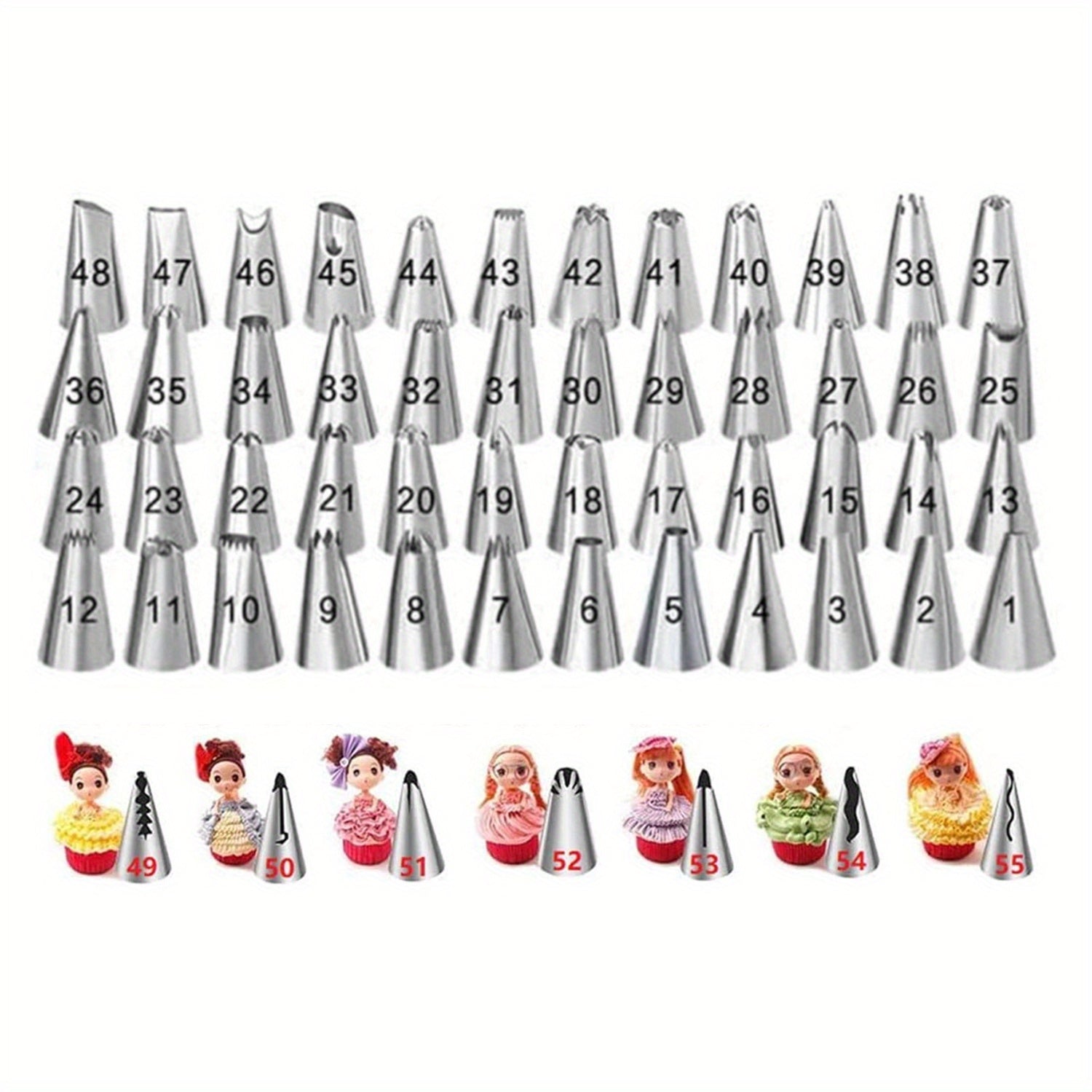 55 dona bilan zanglamaydigan po'latdan yasalgan tort bezak to'plami - Cupcake, pechene va boshqa narsalar uchun piping uchlari, couplerlar va sumkalar bilan to'liq. DIY pishirish, Halloween, Rojdestvo va bolalar partiyalari uchun ideal.