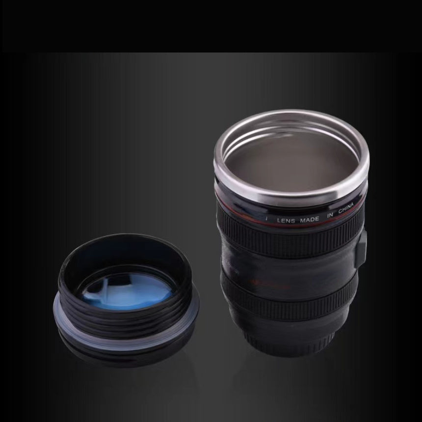 Stainless Steel Camera Lens Coffee Mug with Retractable Lid Travel Cup BPA-Free Novelty Drinkware