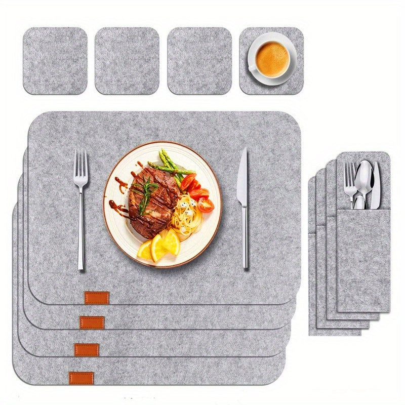 12-Piece Dining Table Decor Set with Felt Placements Coasters and Cutlery Bag