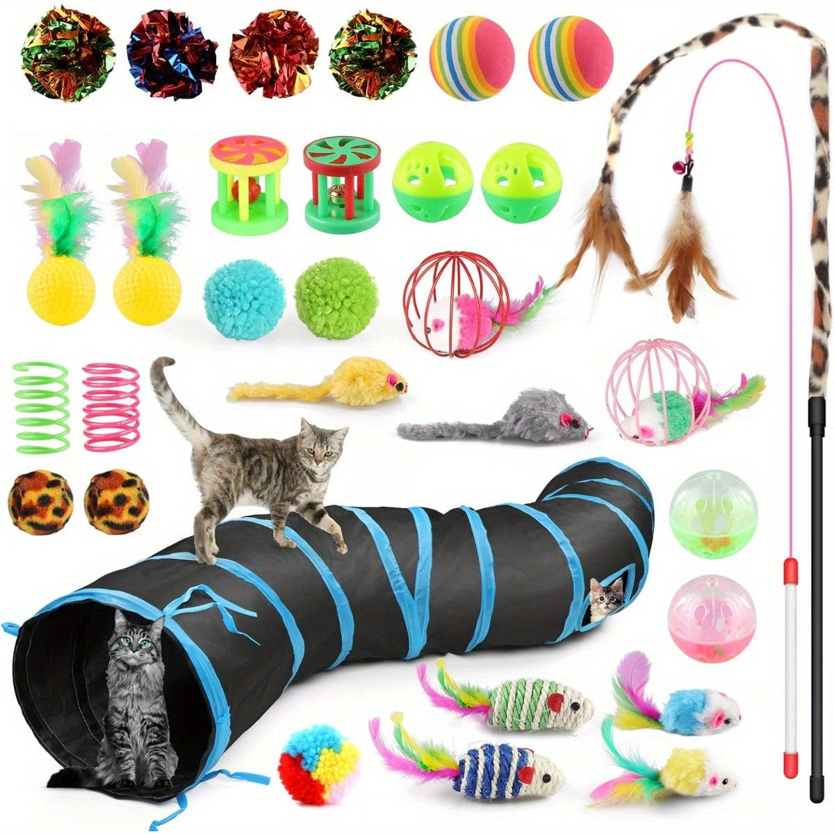 32-Piece Cat Toy Set with Tunnel, Wand, Mice, Balls and Interactive Toys for Indoor Cats
