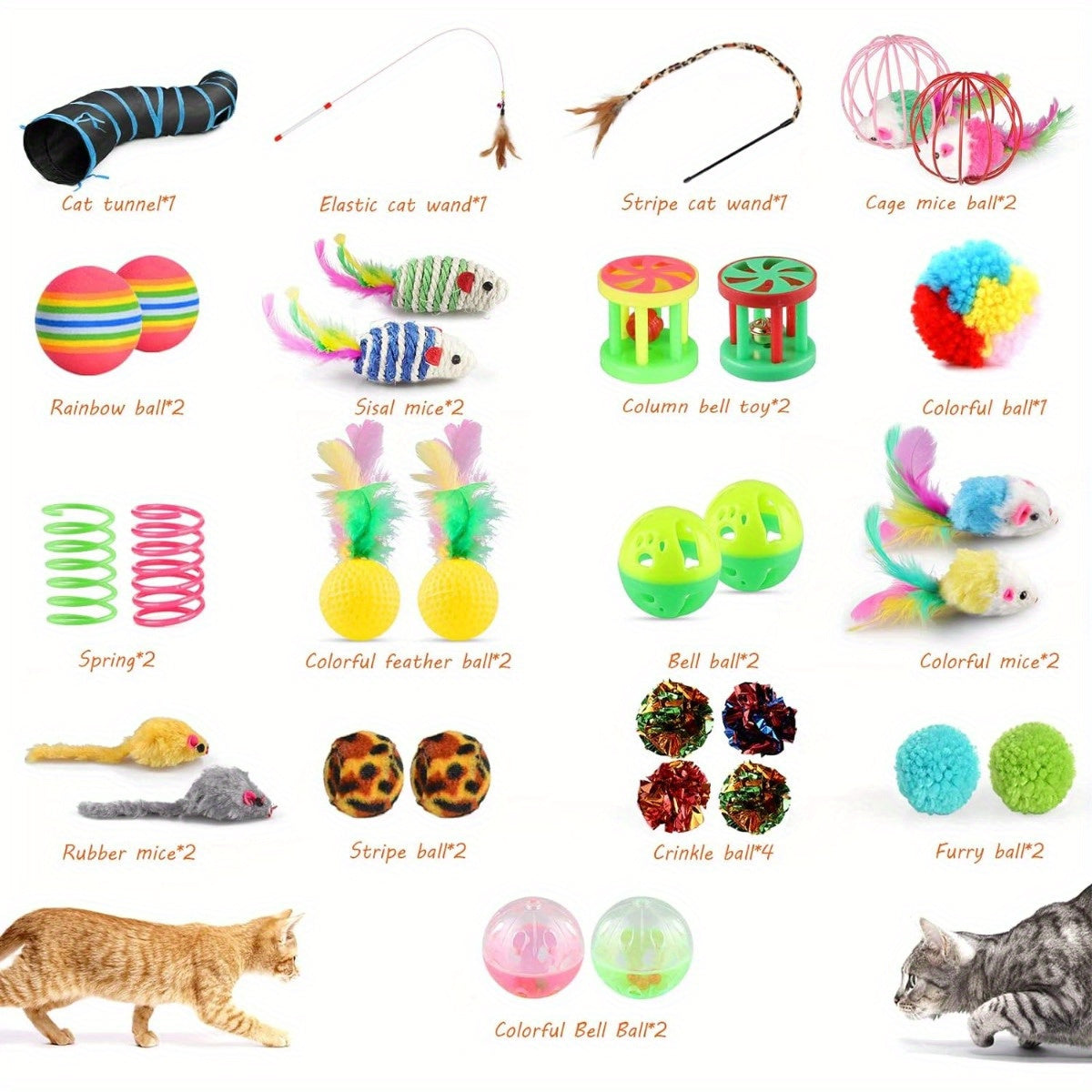 32-Piece Cat Toy Set with Tunnel, Wand, Mice, Balls and Interactive Toys for Indoor Cats