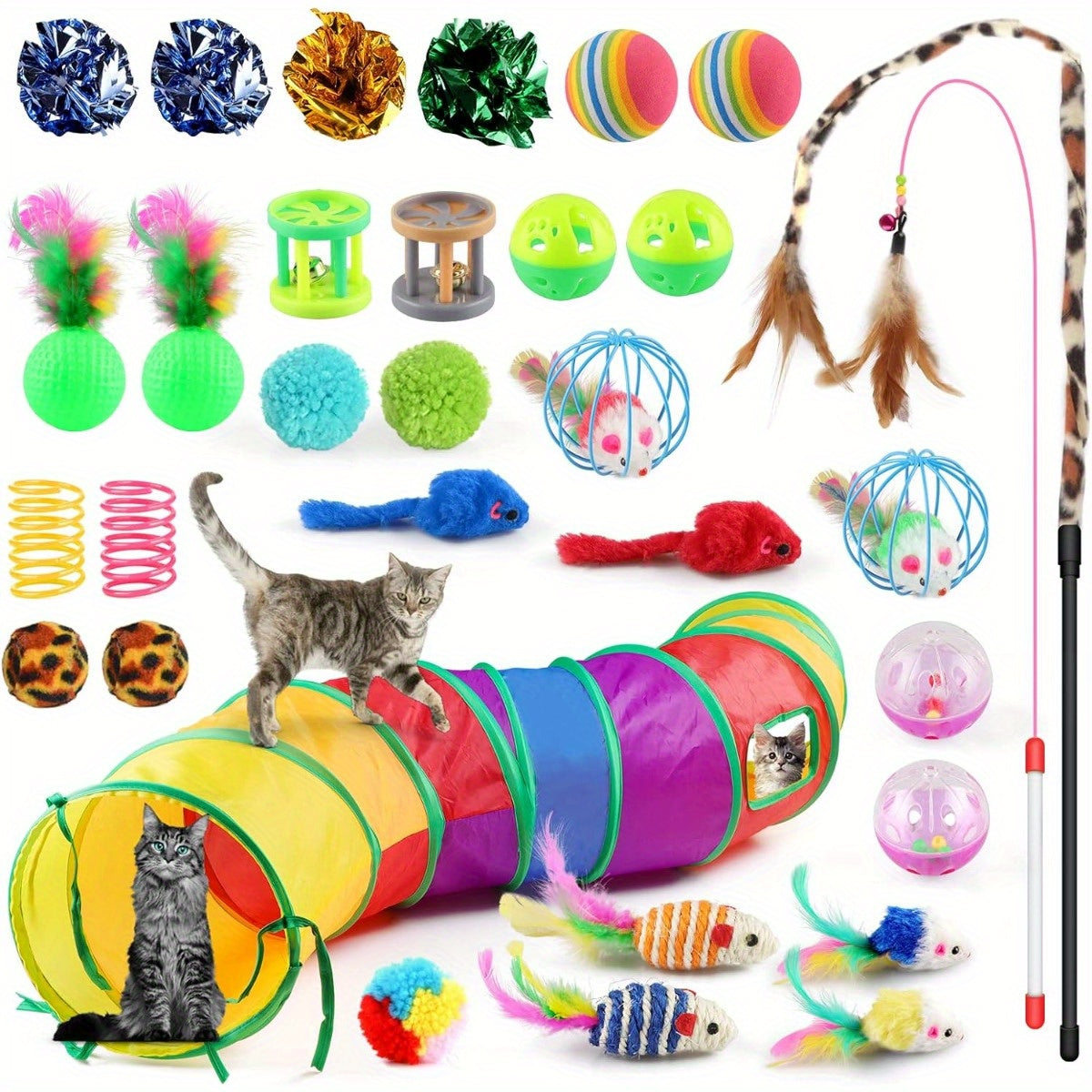 32-Piece Cat Toy Set with Tunnel, Wand, Mice, Balls and Interactive Toys for Indoor Cats