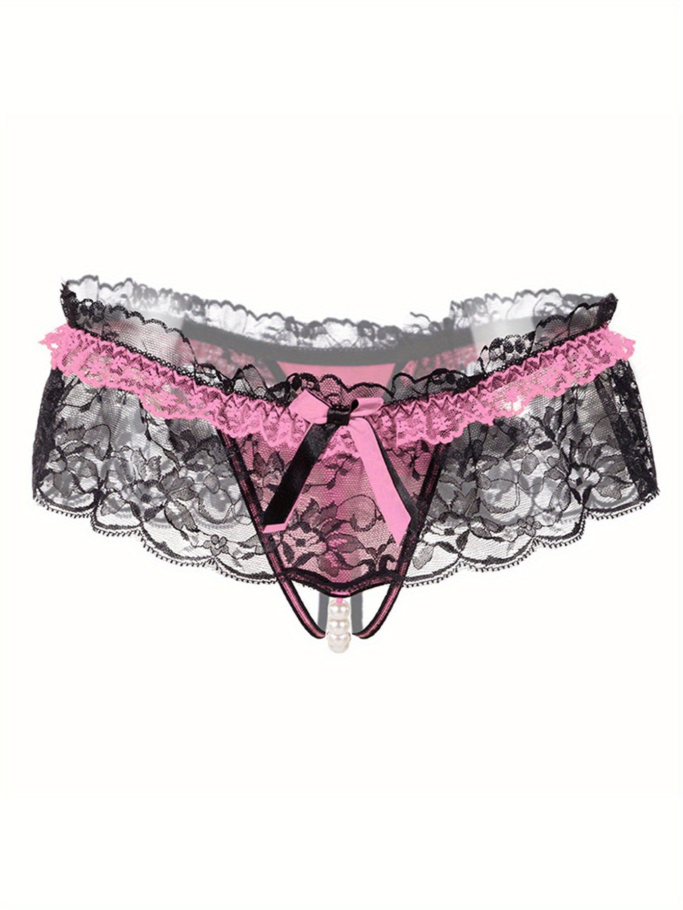 Women's Floral Lace Mesh Thongs and Open Crotch Faux Pearl Panties Lingerie