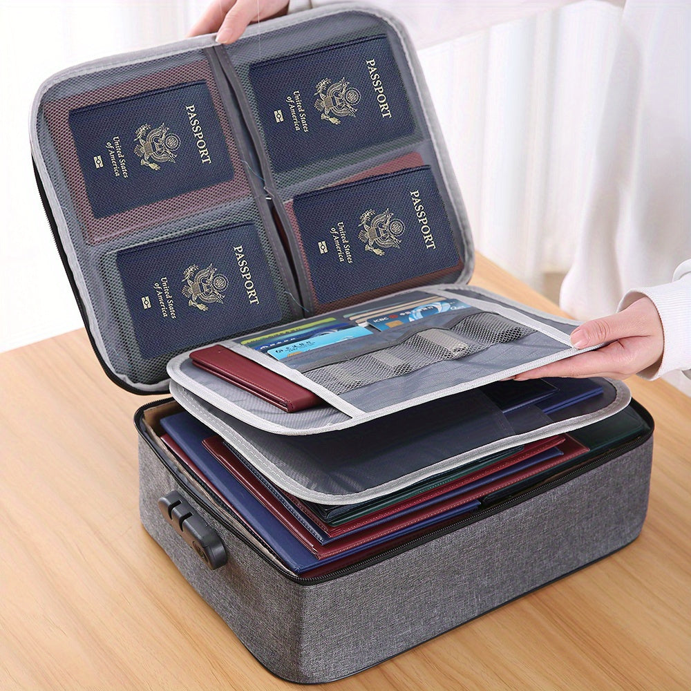 Document Organizer with Combination Lock Water-Resistant Zipper 3-Layer File Storage Case