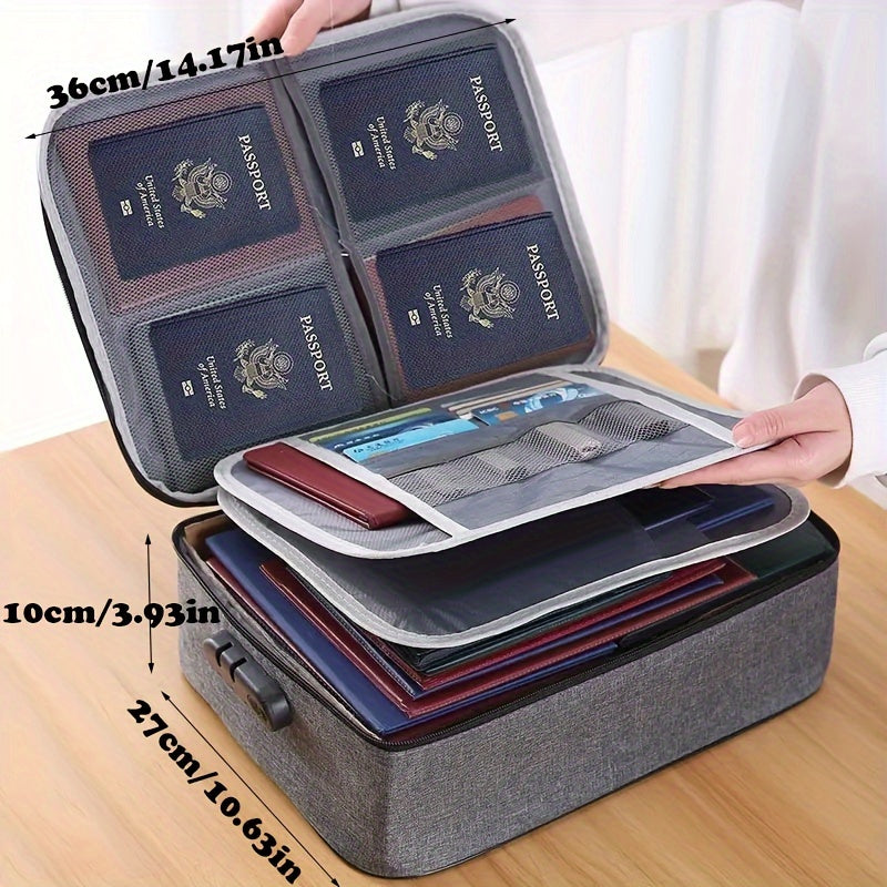 Document Organizer with Combination Lock Water-Resistant Zipper 3-Layer File Storage Case
