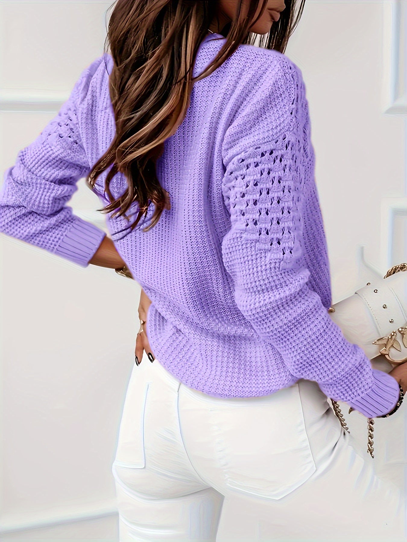 Women's Solid Color Long Sleeve Sweater with Lace Cutouts for Casual and Formal Wear