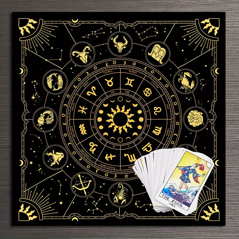 1 dona tarot matozi, 12 ta yulduz turkumini, quyosh, yulduzlar va tarot kartalari, runalar, sehrgarlik, astrologiya, orakl kartalari va uy dekoratsiyasi uchun sirli altar matosi.