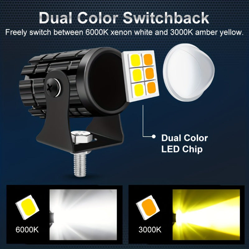 Универсальные мини LED фары для мотоциклов для бездорожья, белый и желтый, светодиодные двухцветные фары