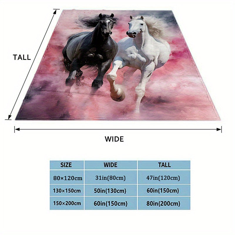 Black and White Horse Pink Print Flannel Blanket for Sofa Bed Travel and Camping