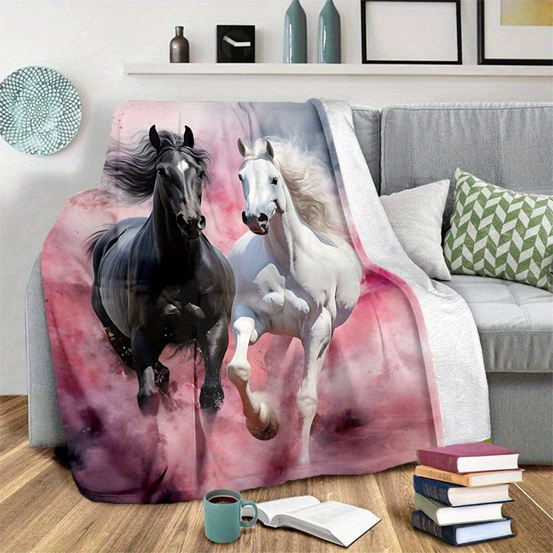 Black and White Horse Pink Print Flannel Blanket for Sofa Bed Travel and Camping