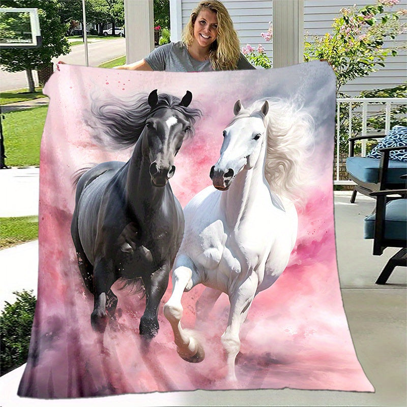 Black and White Horse Pink Print Flannel Blanket for Sofa Bed Travel and Camping