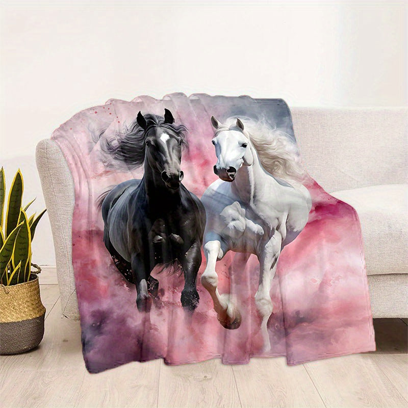 Black and White Horse Pink Print Flannel Blanket for Sofa Bed Travel and Camping