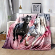 Black and White Horse Pink Print Flannel Blanket for Sofa Bed Travel and Camping
