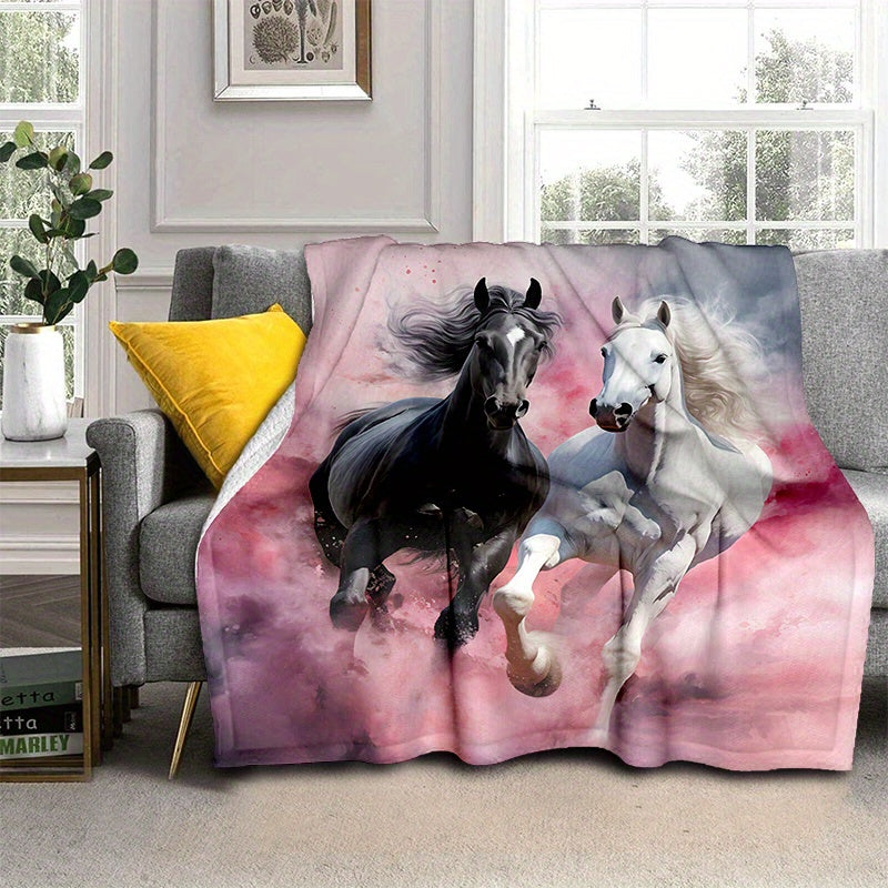 Black and White Horse Pink Print Flannel Blanket for Sofa Bed Travel and Camping