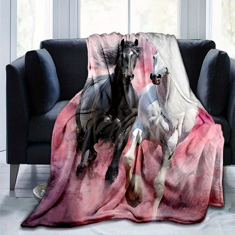 Black and White Horse Pink Print Flannel Blanket for Sofa Bed Travel and Camping
