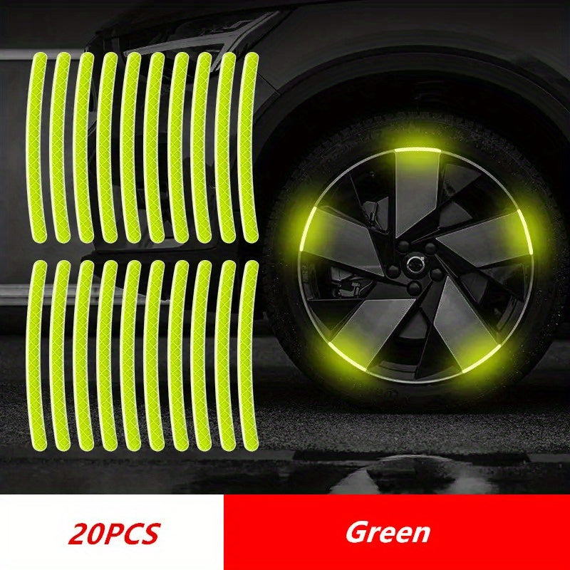 20pcs Reflective Wheel Stickers for Cars and Motorcycles Green Silvery Tire Warning Safety